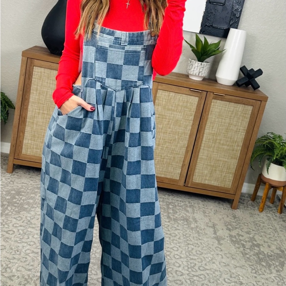 Checkerboard Wide-Leg Denim Overalls (like Dressed in LALA) Dopamine